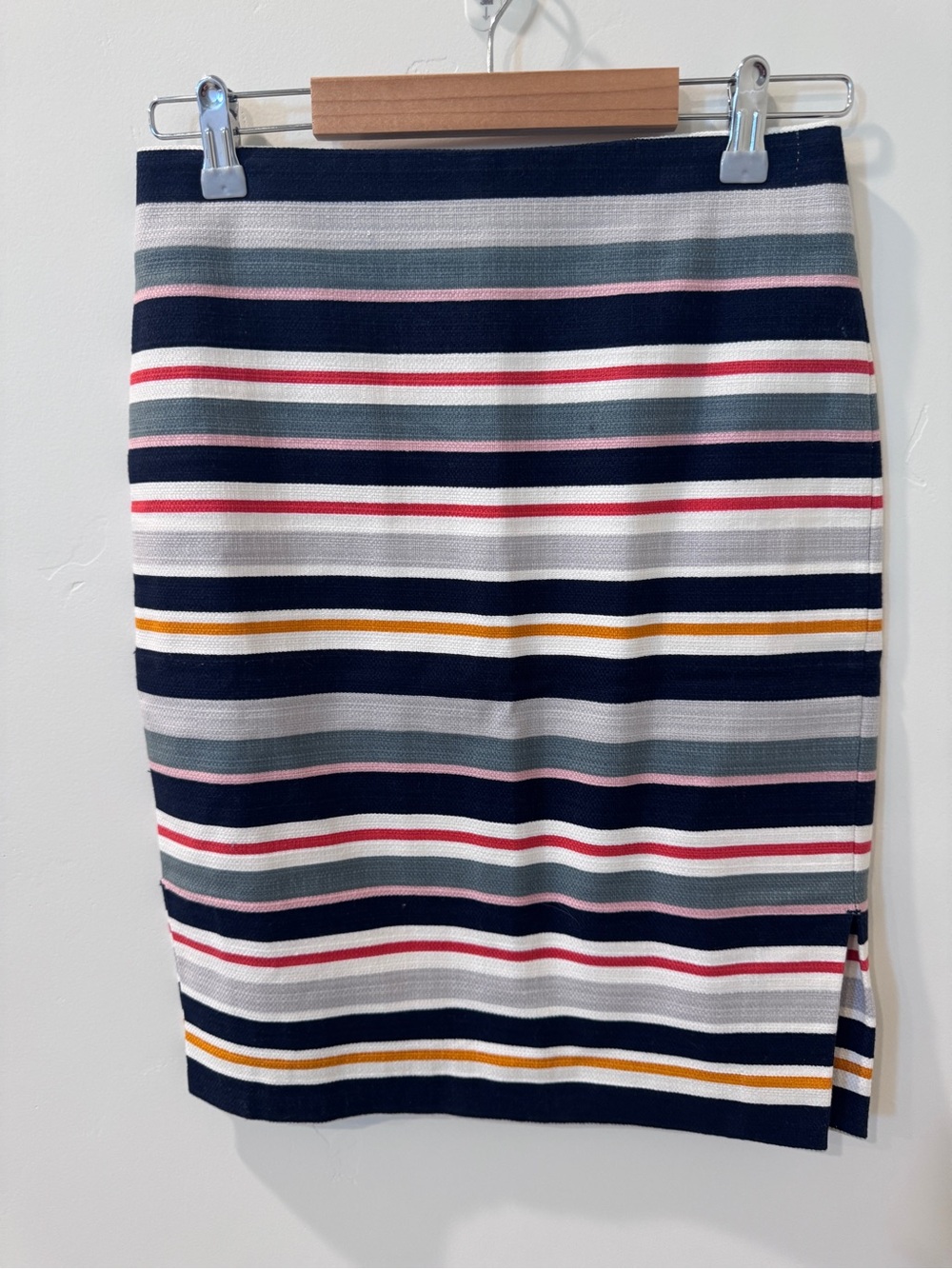 LOFT Navy Striped Pencil Skirt with Pink, Gray & Mustard Bands